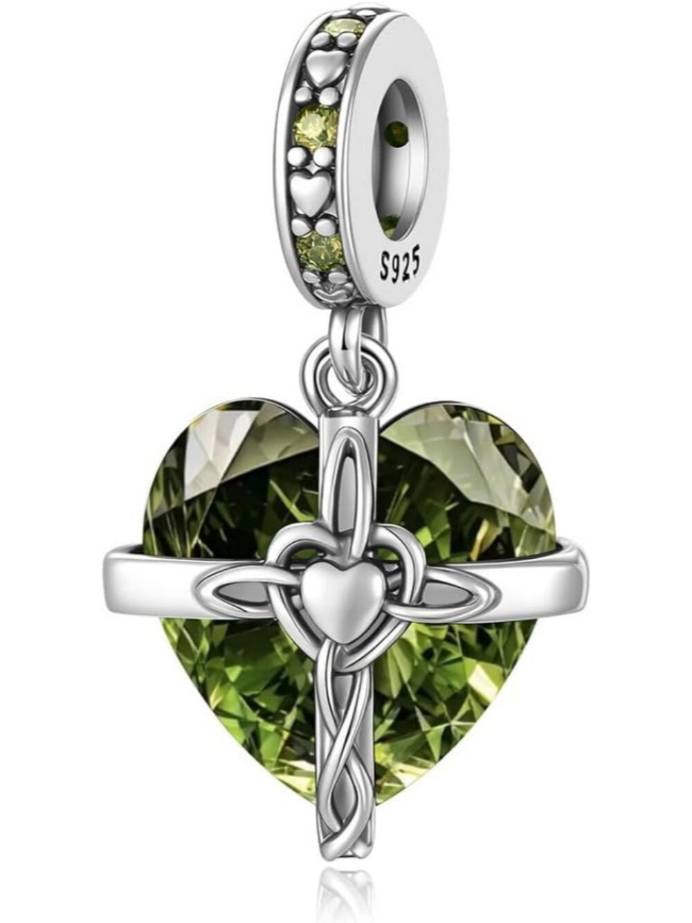 Women's Green 925 Sterling Silver Cross Charms Dangle Beads Heart Birthstone